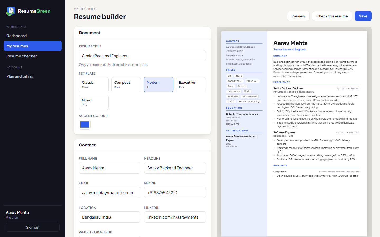 Resume builder with the form on the left and live A4 preview on the right
