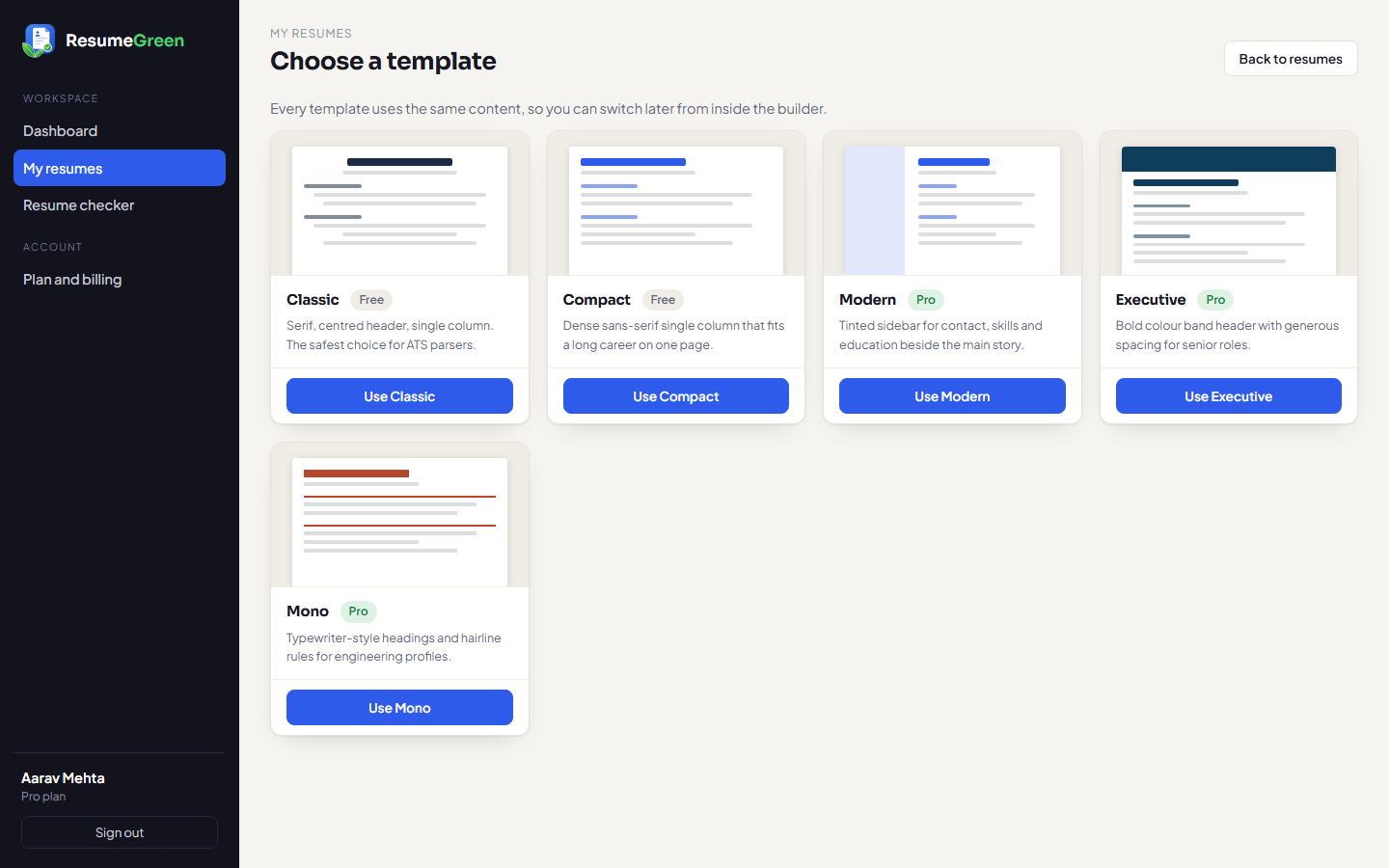 Template picker showing the five resume templates